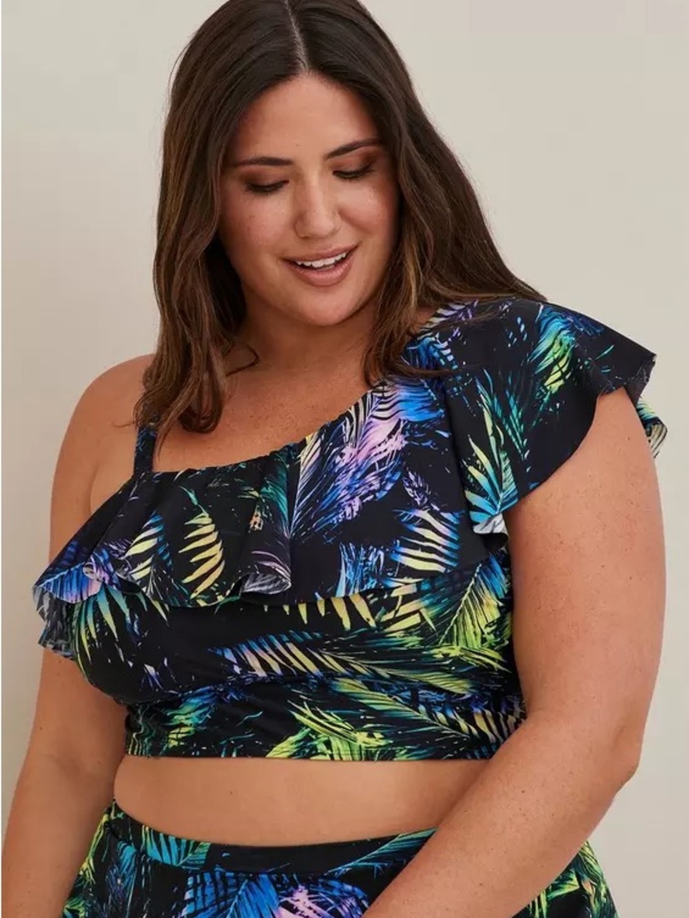 Torrid Wireless One Shoulder Flounce Bikini Top Palms Forest Black NWT Size 0X